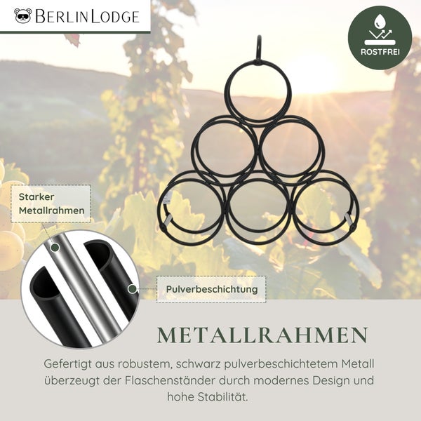 Berlin Lodge Logo, stabiler, rostfreier Flaschenständer aus schwarzem, pulverbeschichtetem Metall für sechs Flaschen.