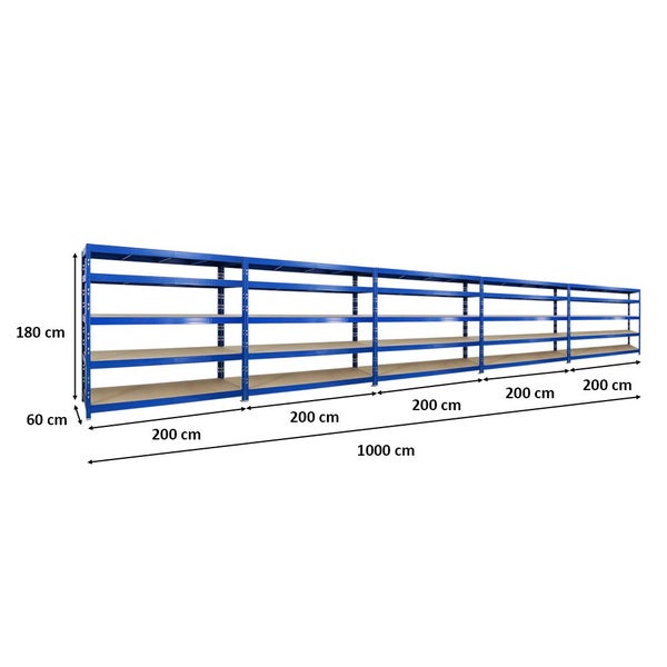 PROREGAL Mega Deal 5x Profi Schwerlastregal Rhino HxBxT 180 x 200 x 60 cm 5 Spanplatten-Ebenen 8mm Fachlast 500 kg Blau