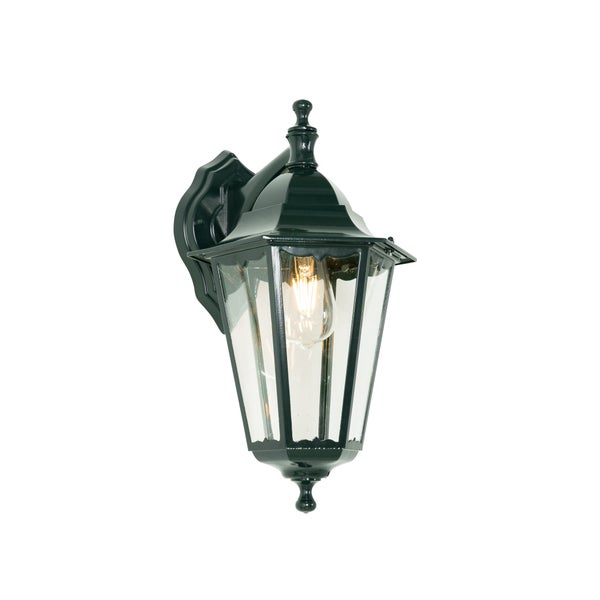 Klassische Außenwandleuchte in Laternenform aus Metall und Glas mit leuchtendem Leuchtmittel.