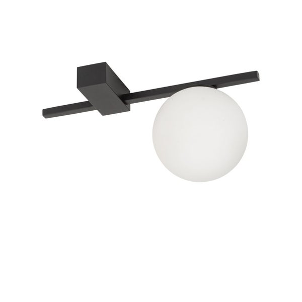 Deckenleuchte mit runder, opaler Glasabdeckung und schwarzem Metallelement.