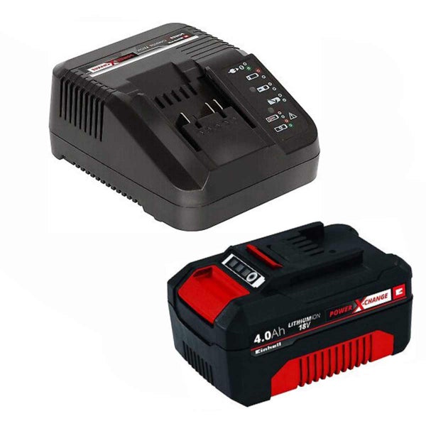 Einhell Power X-Change Starter Kit mit 18 Volt 4,0 Amperestunden Lithium-Ionen Akku und Ladegerät.
