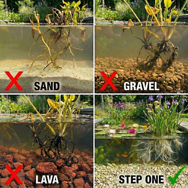 Vergleich von Teichsubstraten: Sand, Kies und Lava sind ungeeignet, spezielles Teichsubstrat ermöglicht gesundes Wachstum von Teichpflanzen.