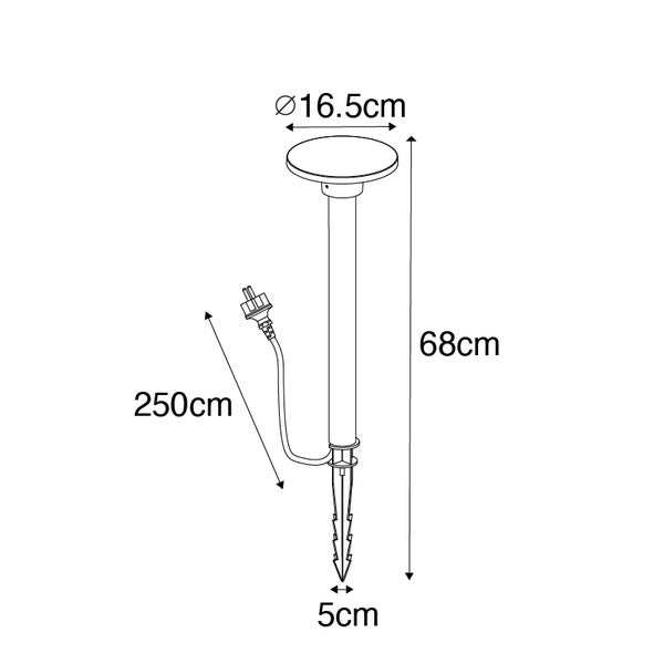 Skizze einer Gartenleuchte mit Erdspieß und Maßen: Höhe 68 Zentimeter, Durchmesser 16,5 Zentimeter, Kabellänge 250 Zentimeter.