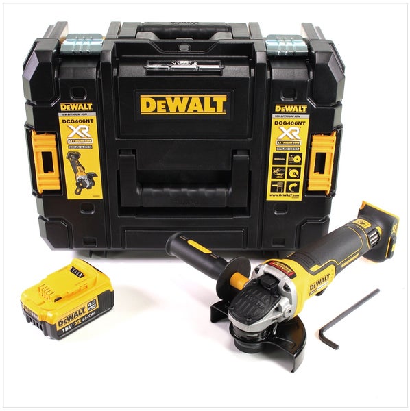 DeWALT Akku-Winkelschleifer DCG406NT mit Transportkoffer, 18 Volt XR Lithium-Ionen Akku und Montageschlüssel.