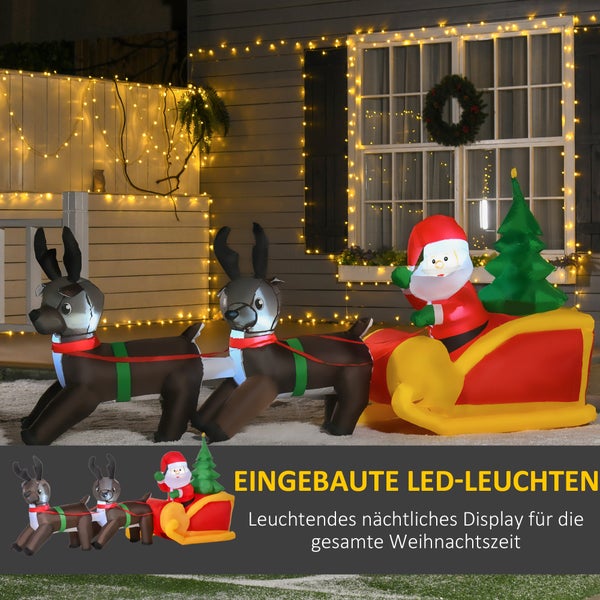 HOMCOM LED Figur, Motiv Weihnachtsmann mit Schlitten und Rentieren, aufblasbar, beleuchtet Garten, IP 44,  L230 x B60 x H120 cm, 190D Polyester, warm weiß