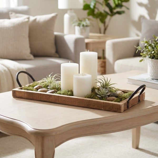 Dekoratives Holztablett mit drei Stumpenkerzen, Sukkulenten, Moos und Kieselsteinen als Tischdekoration im Wohnzimmer.