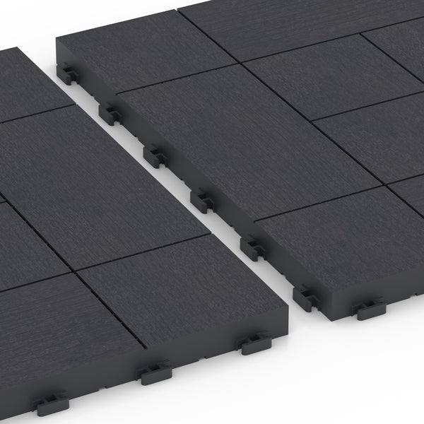 Klickfliesen aus Holz-Kunststoff-Verbundwerkstoff mit Holzstruktur und Verbindungssystem in Anthrazit.