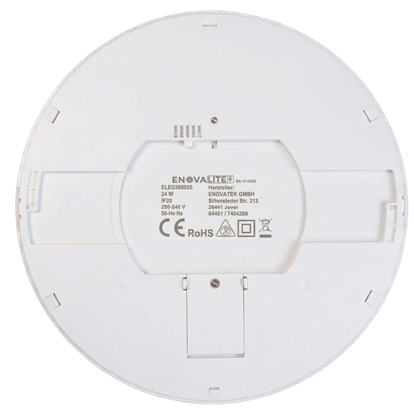 Rückseite einer runden LED-Deckenleuchte mit Enovalite Logo, technischem Typenschild und Schalter zur Einstellung der Farbtemperatur.
