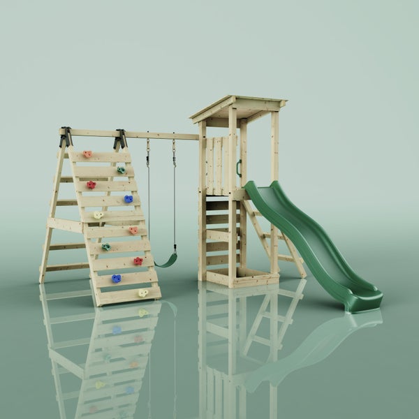 Spielplatz mit Kletterwand, Schaukel und Rutsche aus Holz