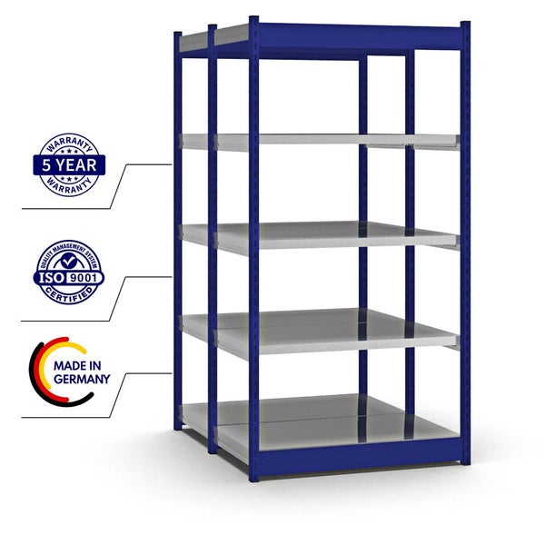 PROREGAL Fachbodenregal Stecksystem Vierkant-Profil Grundregal HxBxT 200 x 102,5 x 50 cm 2x5 Ebenen Doppelseitige Bauart Fachlast 200 kg Enzianblau