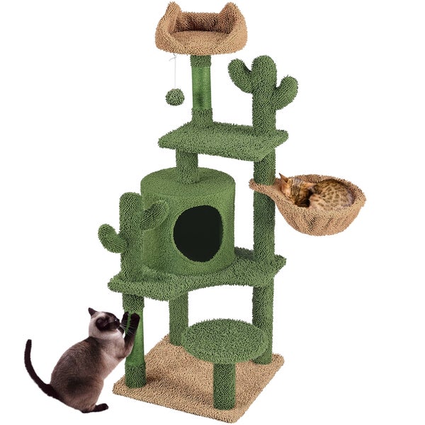 Katzenkratzbaum mit Liegeflächen, Kratzsäulen und Katzenhaus, dekoriert mit Kaktus-Applikationen und zwei Katzen