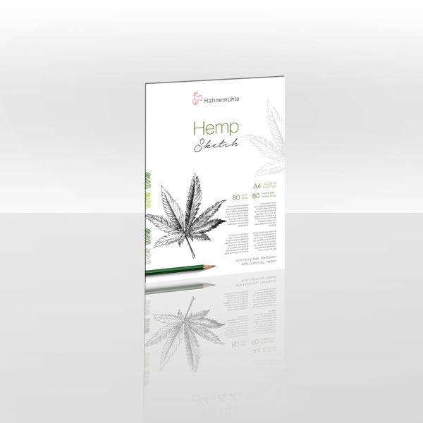 Hahnemühle Logo. Skizzenblock Hemp Sketch, DIN A4, 80 Blatt, 80 Gramm pro Quadratmeter. Aus 60 Prozent Hanffasern und 40 Prozent Hadern.