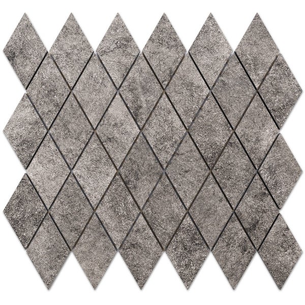 Mosaikfliese in Rautenform mit strukturierter Natursteinoptik in Grau.