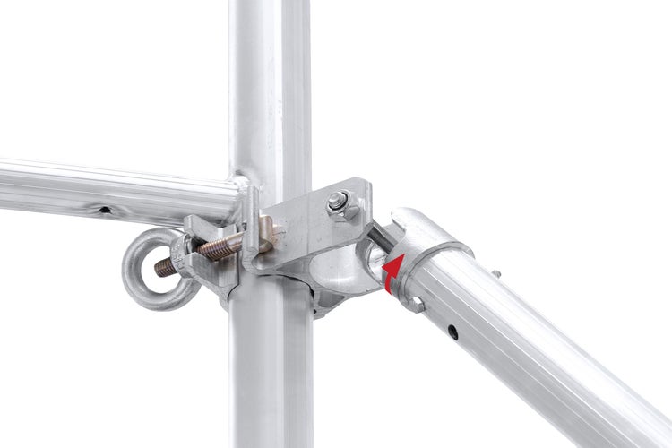 Detailansicht eines Gerüstbauteils mit Schrauben und Verbindungen