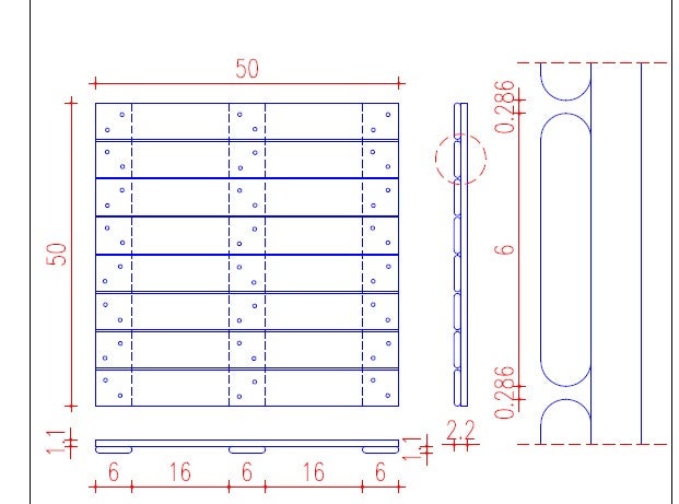 Technische Zeichnung einer quadratischen Bodenplatte mit den Maßen 50 mal 50 sowie Detailansichten zur Konstruktion und Lamellenanordnung.