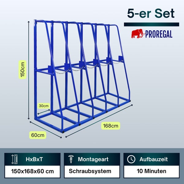 ProRegal Logo. Blaues Metall-Langgutregal im 5er Set mit Schraubsystem. Maße 150 mal 168 mal 60 Zentimeter. Montagezeit circa 10 Minuten.