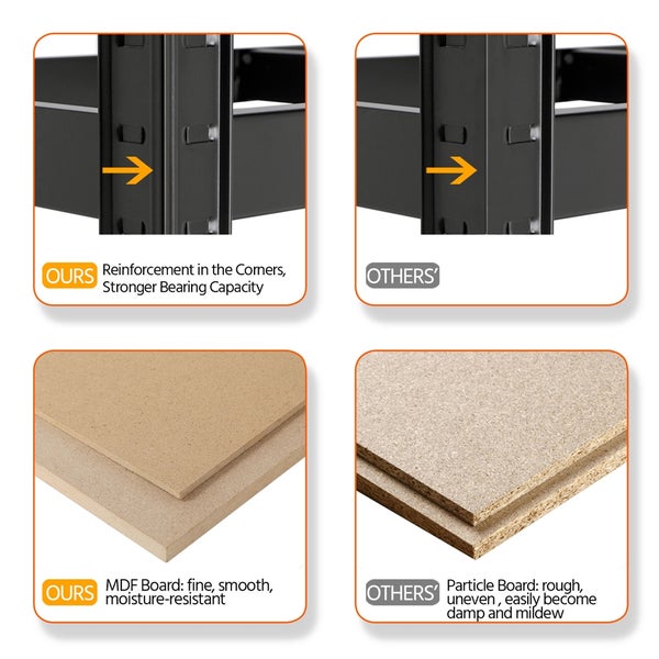 Detailansicht einer Regal-Eckverstärkung sowie ein Vergleich zwischen glatten mitteldichten Faserplatten und rauen Spanplatten.
