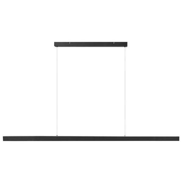 Minimalistische schwarze LED-Pendelleuchte in Balkenform mit rechteckigem Baldachin und dünnen Drahtseilen.
