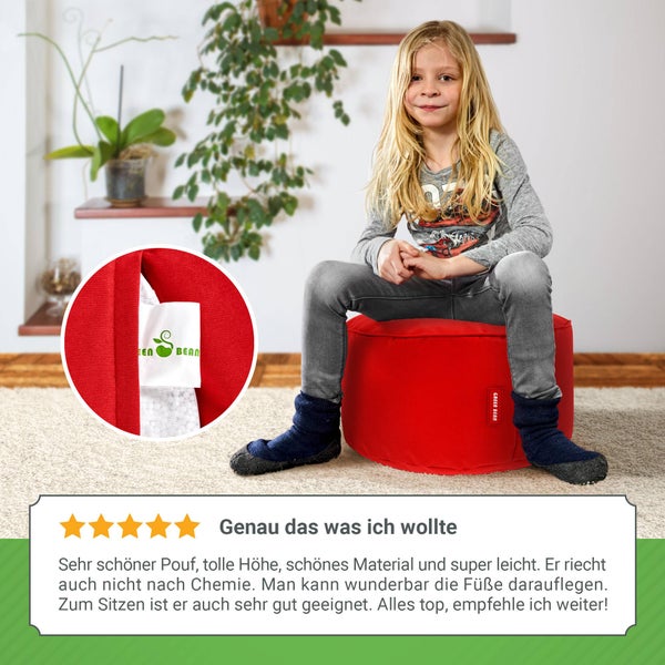 Green Bean Sitzsack-Hocker 45x25cm mit EPS-Perlen Füllung - Fußhocker Fußkissen Sitz-Pouf für Sitzsäcke - Bodenkissen für Kinder und Erwachsene - Fußablage Sitzkissen Sitzhocker Rot