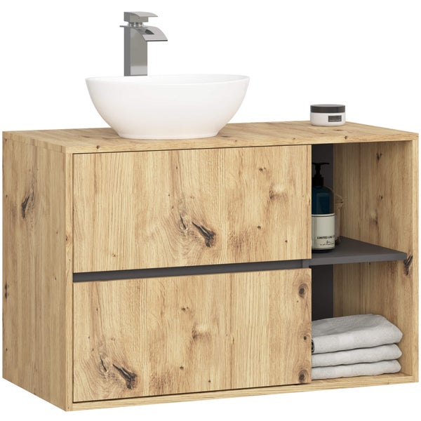 Waschtischunterschrank aus Holz mit Aufsatzwaschbecken, Armatur und Ablagefläche