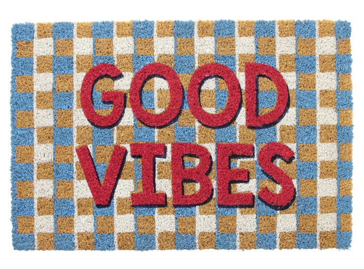 Fußmatte mit kariertem Muster und Schriftzug Good Vibes