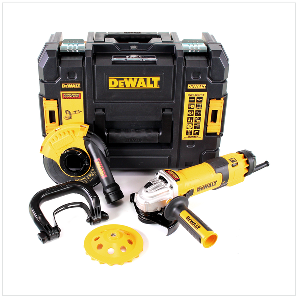 DeWALT Winkelschleifer-Set mit TSTAK Werkzeugkoffer, Absaughaube, Bügelhandgriff und Diamanttopfscheibe.