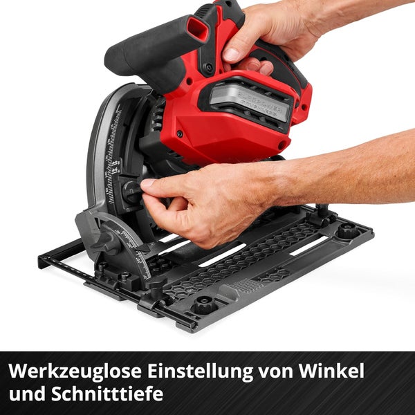 Handbetätigte, werkzeuglose Einstellung von Schnittwinkel und Schnitttiefe an einer Handkreissäge.