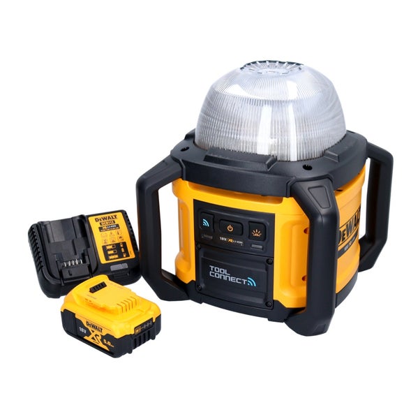 DeWalt Akku-Baustrahler mit 18-Volt-Akku und Ladegerät.