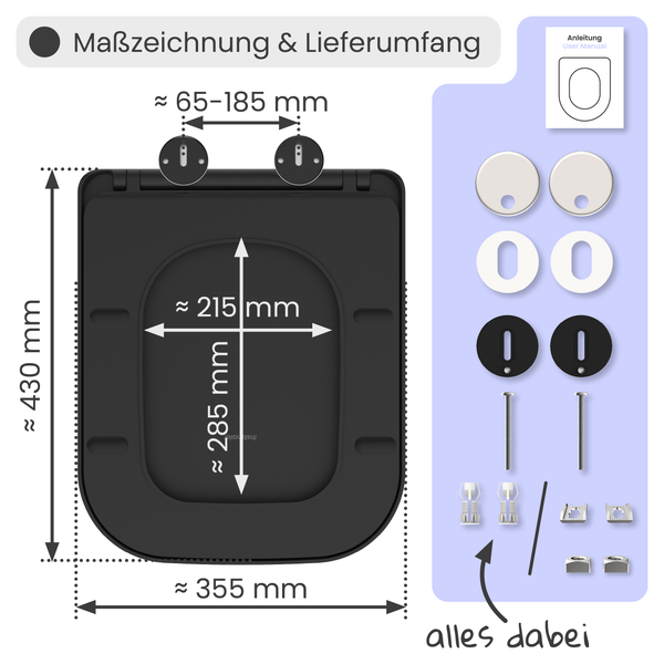 Maßzeichnung und Lieferumfang eines Toilettendeckels mit den Maßen 430 mm x 355 mm sowie Zubehör und Bedienungsanleitung
