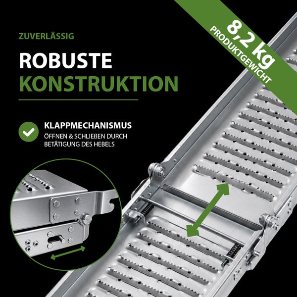 Metallrampe mit Klappmechanismus, Hebelbedienung, rutschhemmender Profilierung und einem Gewicht von 8,2 Kilogramm.