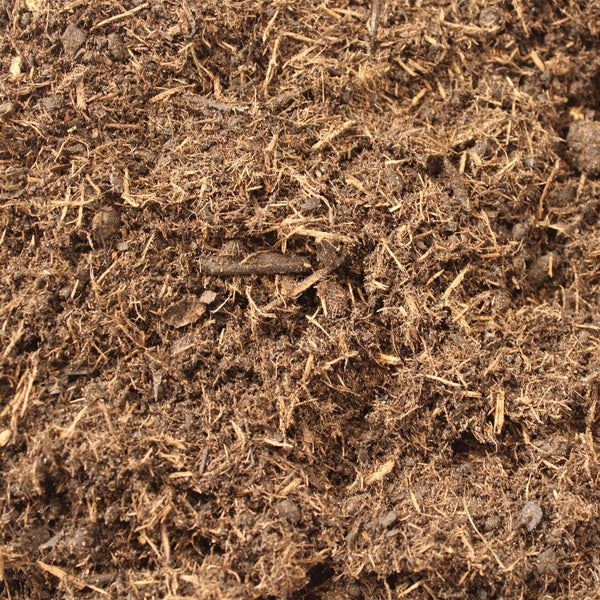 Nahaufnahme von Gartenerde oder Mulch mit sichtbaren Holzfasern und organischem Material.