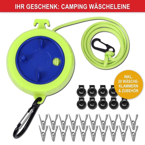 Camping-Wäscheleine-Set inklusive 20 Wäscheklammern, 10 Abstandsclips und Karabinerhaken.