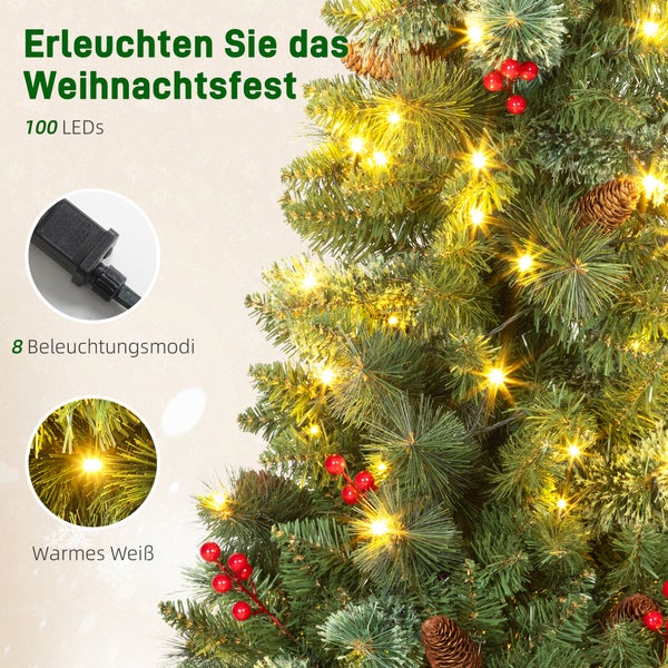 Künstlicher Weihnachtsbaum mit 100 warmweißen LEDs, roten Beeren und Tannenzapfen, verfügt über acht Beleuchtungsmodi.