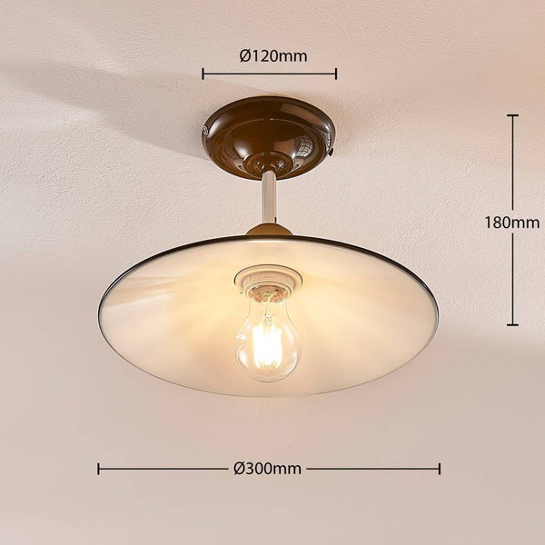 Deckenleuchte mit den Maßen: Durchmesser 120 Millimeter am Baldachin, Durchmesser 300 Millimeter am Lampenschirm, Höhe 180 Millimeter.