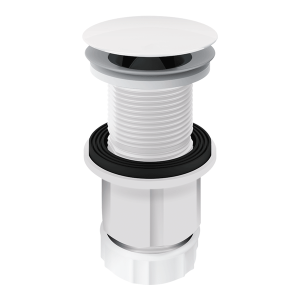 Pop-up-Abflussventil für Waschbecken aus Kunststoff und Metall in Weiß.