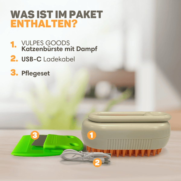 Vulpes Goods Katzen Dampfbürste - Selbstreinigende Katzen-Stoombürste - Kurz/Langhaarkatze Dampfgerät - Inkl. 2 extra Kämme
