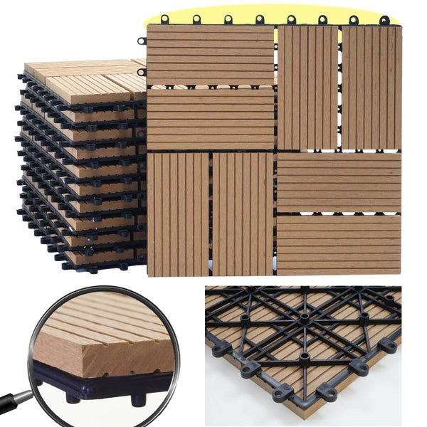 Terrassenfliesen aus Holz-Kunststoff-Verbundwerkstoff mit Klick-System, quadratisch mit Rillenstruktur und Kunststoff-Gitterrücken.