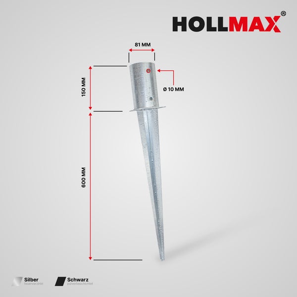 HOLLMAX Einschlagbodenhülse feuerverzinkt, Durchmesser 81 Millimeter, Topfhöhe 150 Millimeter, Spießlänge 600 Millimeter.