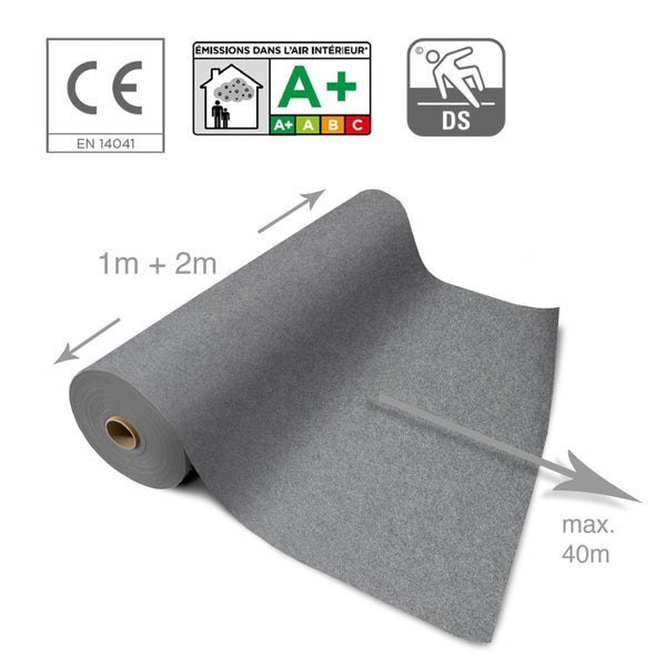 Grauer Messeteppich auf einer Rolle mit Breiten von 1 Meter und 2 Meter bis zu einer maximalen Länge von 40 Meter inklusive Zertifizierungssymbolen