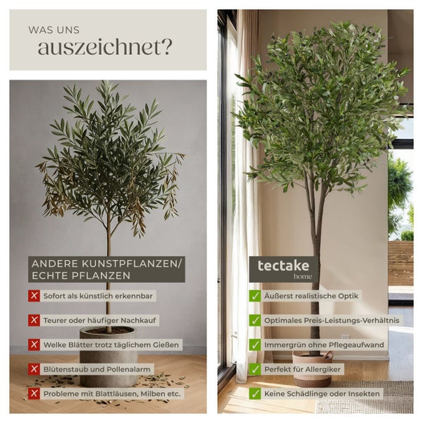 Vergleich von künstlichen und echten Pflanzen mit Tectake Logo