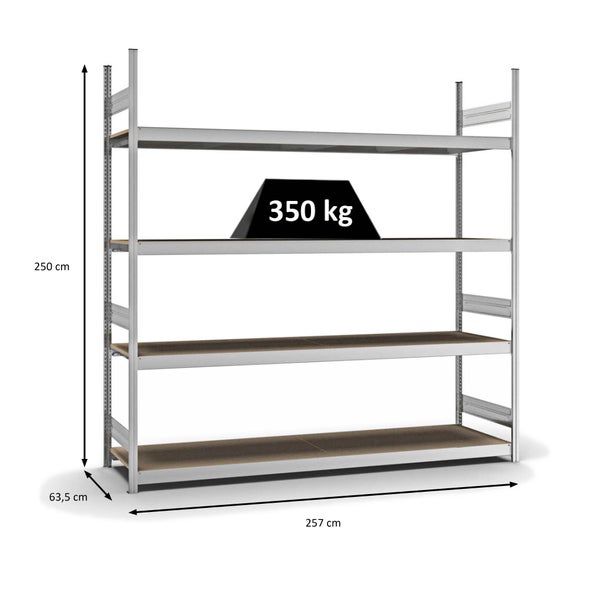 PROREGAL Weitspannregal Stecksystem T-Profil Grundregal HxBxT 250x250x60 cm 4 Ebenen Spanplatten Fachboden Fachlast 350 kg Verzinkt