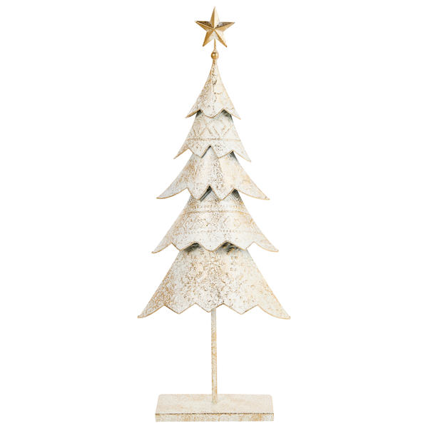 Dekorativer Weihnachtsbaum aus Metall auf Standfuß mit Sternspitze als Tischdekoration.