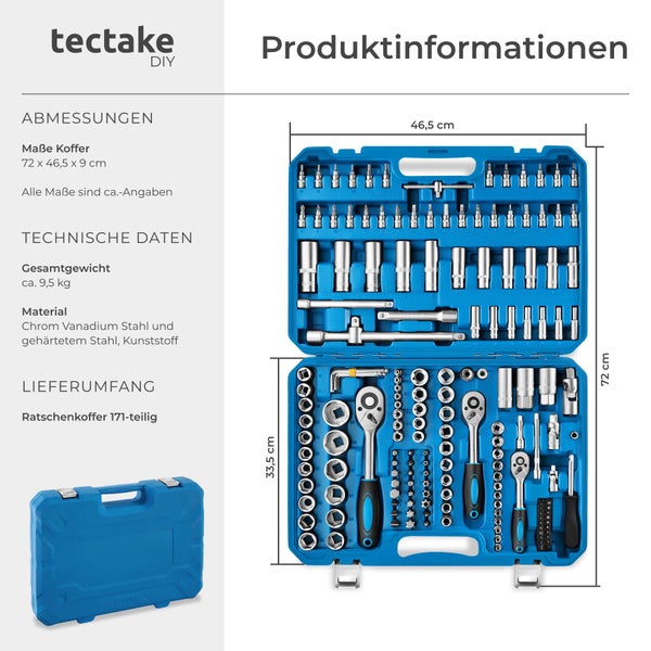 tectake Logo. Ratschenkoffer 171-teilig aus Chrom-Vanadium-Stahl und Kunststoff. Maße circa 72 mal 46,5 mal 9 Zentimeter. Gewicht circa 9,5 Kilogramm.