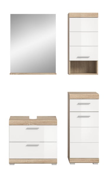 Vierteiliges Badezimmermöbel-Set bestehend aus Spiegel, Waschbeckenunterschrank, Hängeschrank und Hochschrank in Holzoptik mit weißen Fronten.