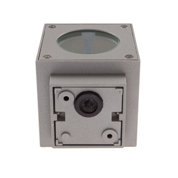 Würfelförmige Wandleuchte aus grauem Metall mit runder Glaslinse und Montageplatte.