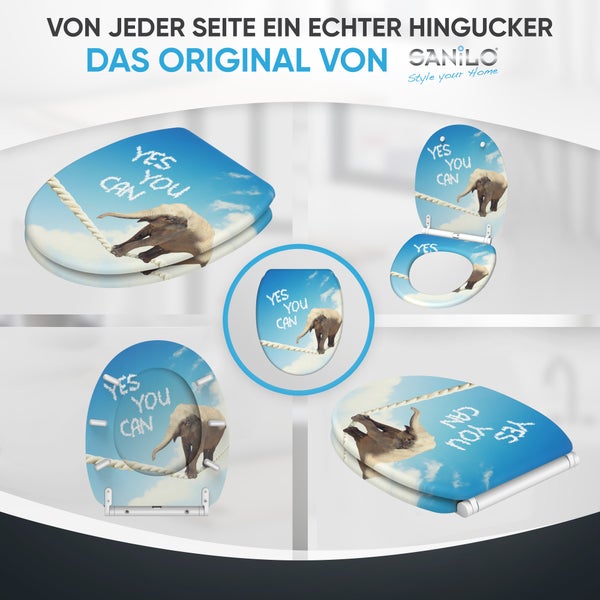 Sanilo WC-Sitz mit Deckel in verschiedenen Ansichten, Motiv Elefant auf einem Seil mit dem Schriftzug Yes You Can, Sanilo Logo.
