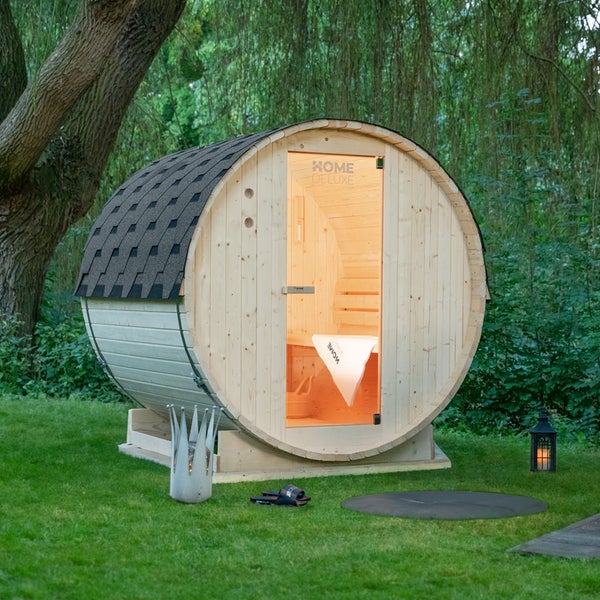 Home Deluxe - Outdoor Fasssauna Lahti M - Maße: BxTxH: ca. 185 cm x 120 cm x 185 cm, Holz: Fichtenholz - inkl. Saunaofen und Saunazubehör I Gartensauna, Außensauna, Sauna Fass für 2 Personen
