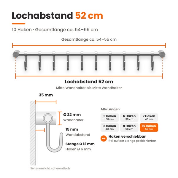 Technische Zeichnung einer Hakenleiste mit 10 Haken, Lochabstand 52 Zentimeter, Gesamtlänge circa 54 bis 55 Zentimeter, verschiebbare Haken.
