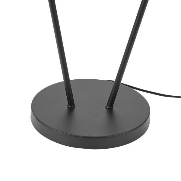 Schwarzer runder Lampenfuß aus Metall mit zwei dünnen Stäben und Kabel.