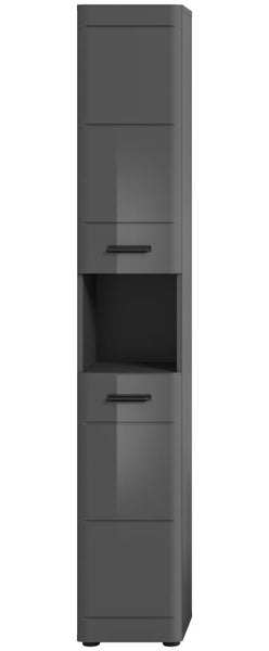 Dunkelgrauer Bad-Hochschrank mit zwei Türen, schwarzen Griffen und einem offenen Fach in der Mitte.